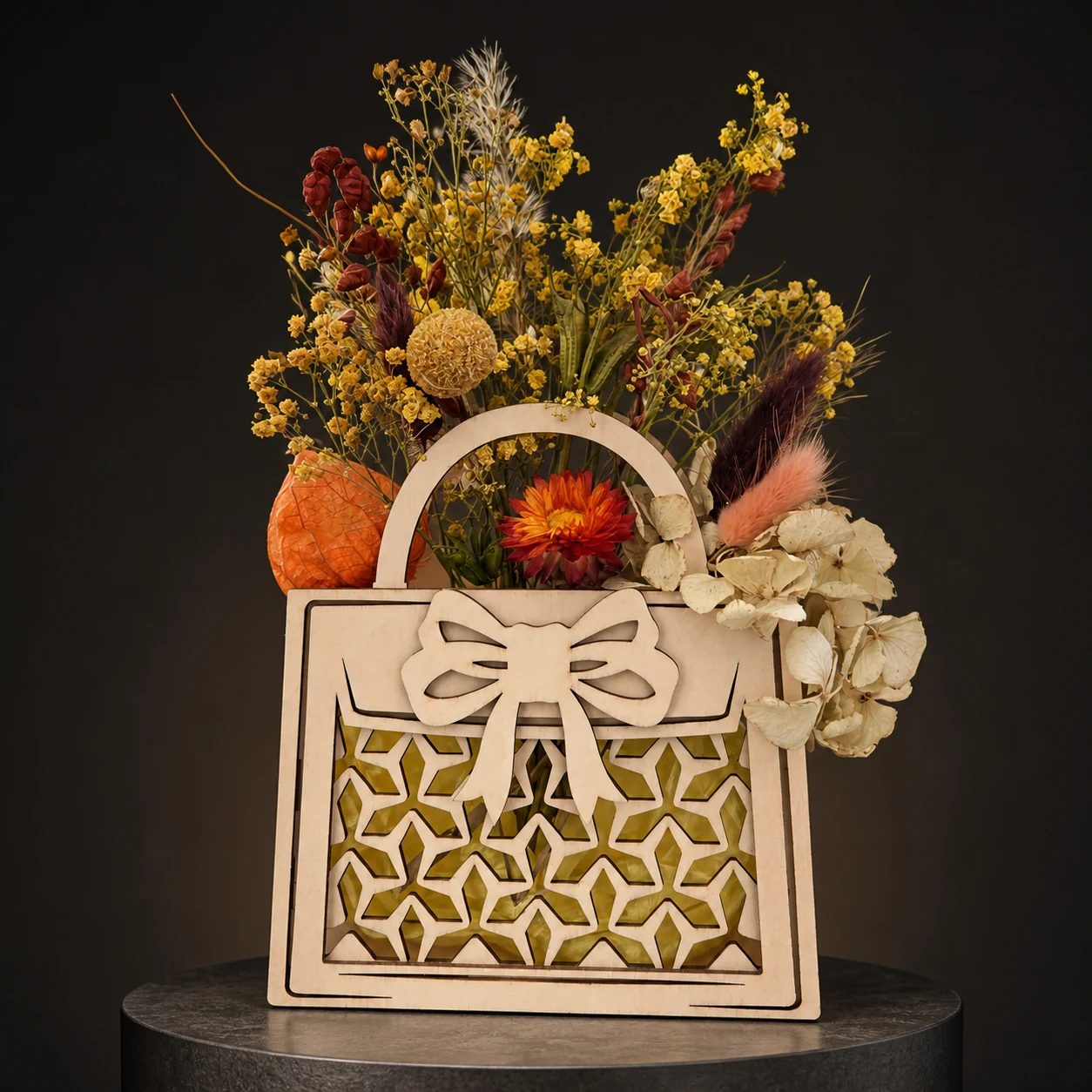 Sac floral en bois ajouré, création artisanale personnalisée