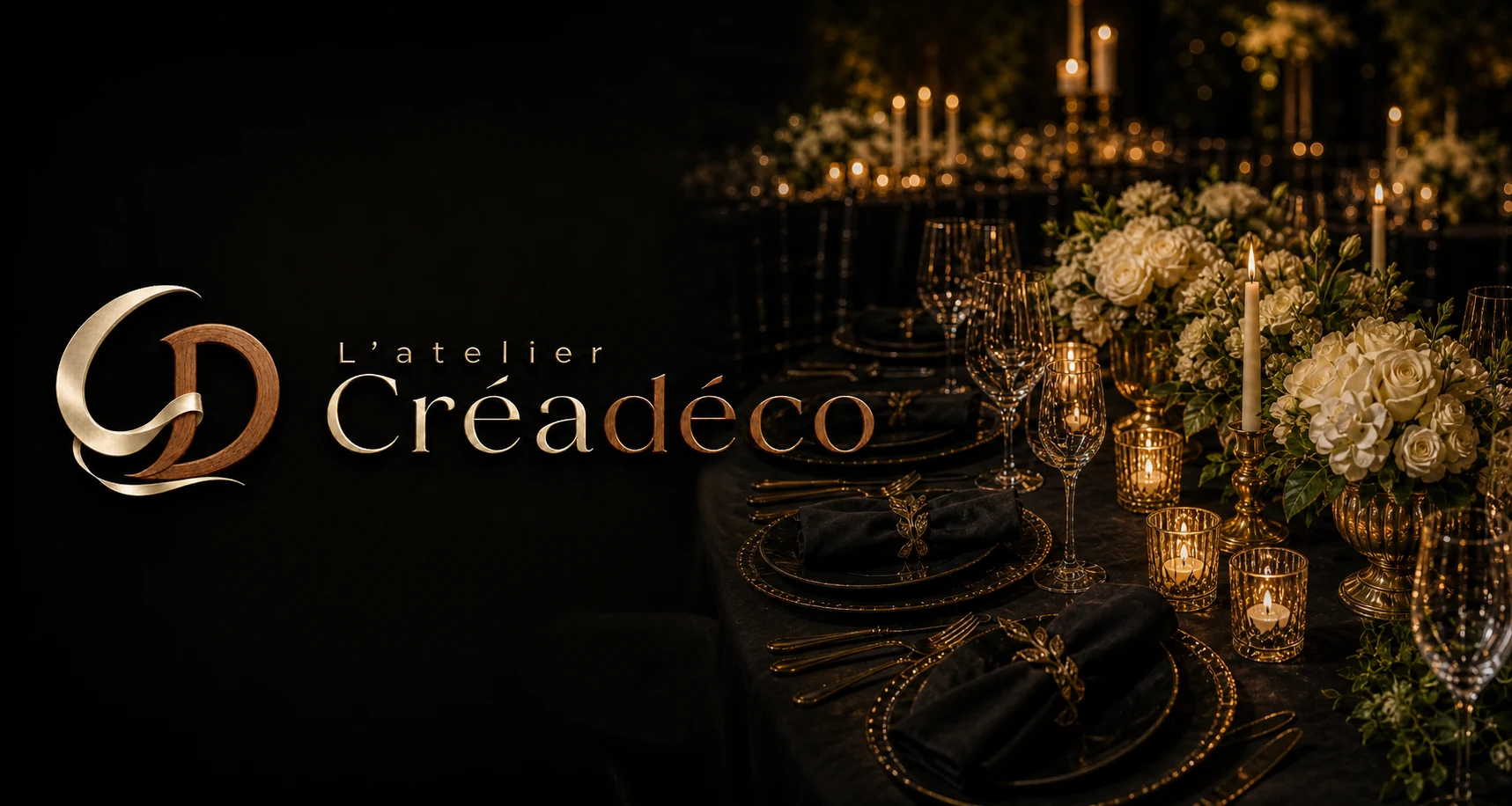 Décoration personnalisée de réception noire et or pour mariage ou événement
